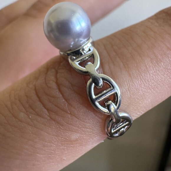 Sterling Silver 925 Link Band Ring with Pearl - Picture 6 of 6